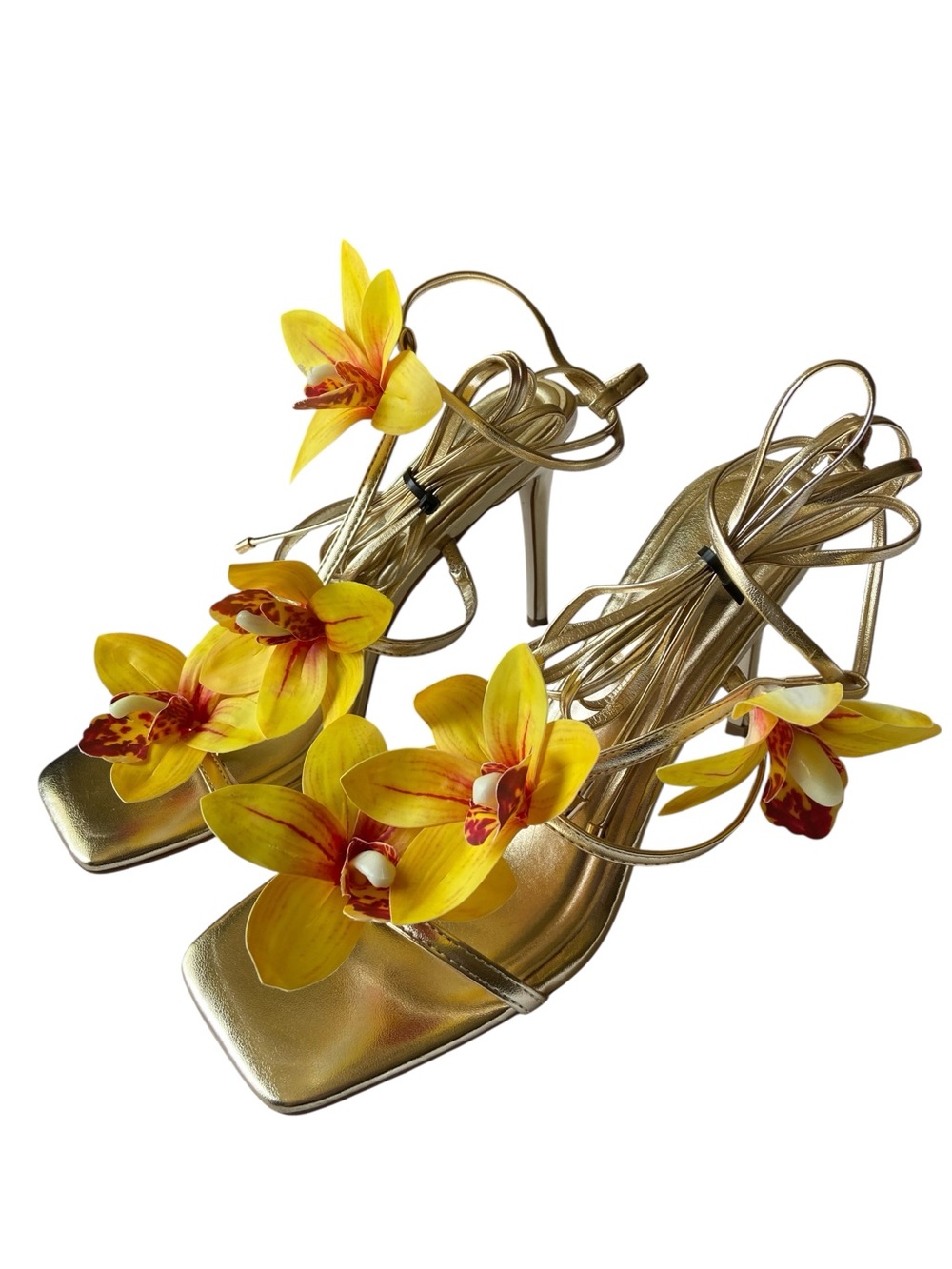 Azalea Wang Crescendo Metallic Floral Ankle Wrap Heels Size 9 NWOB - Picture 4 of 9